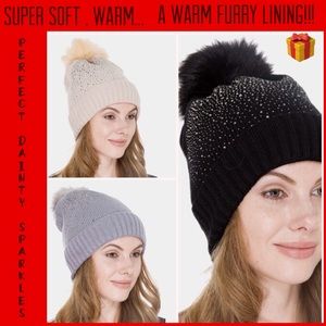 Crystal Fur Lined Knit Hat with Pom Pom-boutique- NWT